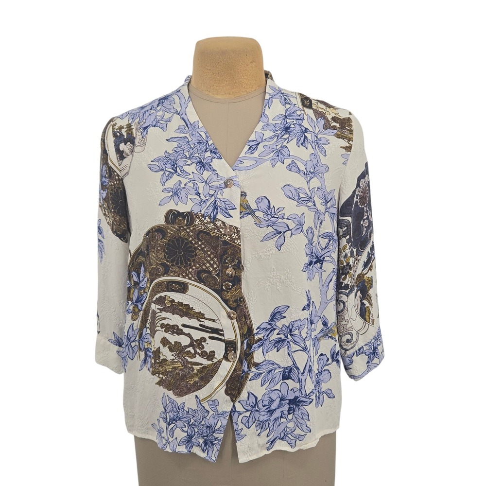 Citron Santa Monica Blouse Women PL Silk Blue White Floral Asian‎ Art Jacquard